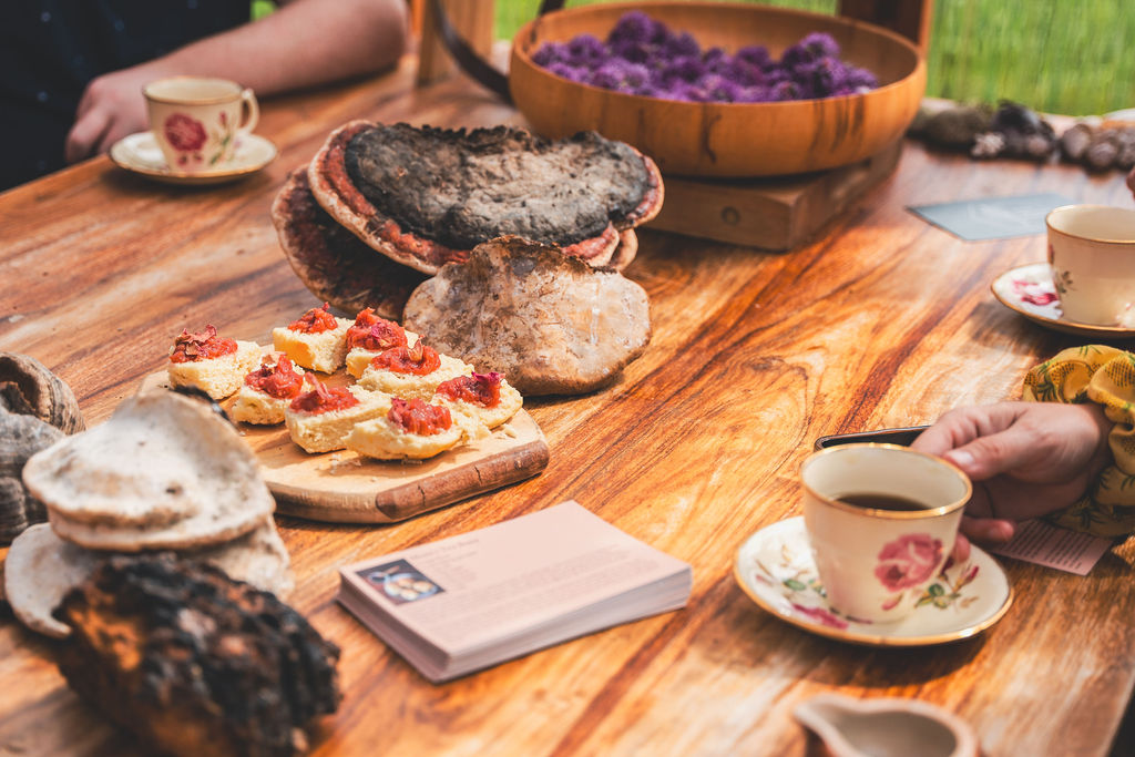 A long wooden table set with foraged mushrooms, a bowl of purple blooms, berry-topped biscuits and vintage teacups at a Food Culture Place residency day
